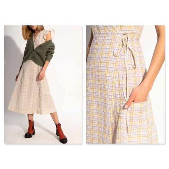 NWT GANNI Seersucker Check Print Wrap Dress in Multicolor Sz 34 / XS - Picture 2 of 13